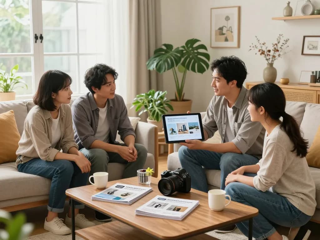 Familia discutiendo opciones de servicios hogar en una sala de estar luminosa llena de plantas y decoración del hogar.