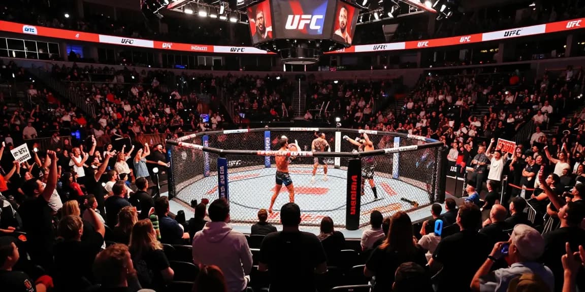 Imagen de un emocionante evento UFC en España, con aficionados animando en un estadio abarrotado.