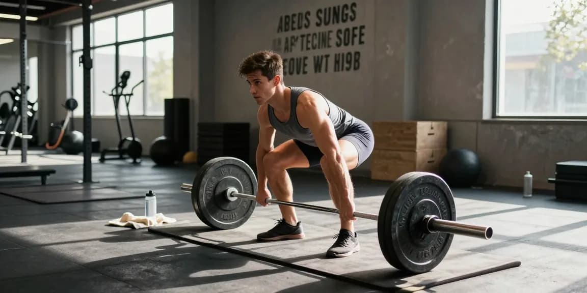 Entrenador en Esteroidesshop levantando pesas en un gimnasio moderno.