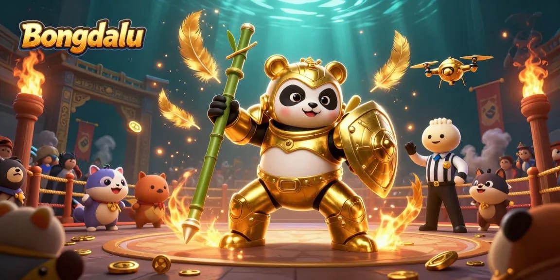 Bongdalu showcases an exciting gambling scene with a golden panda in a mech-suit and coins flying around.