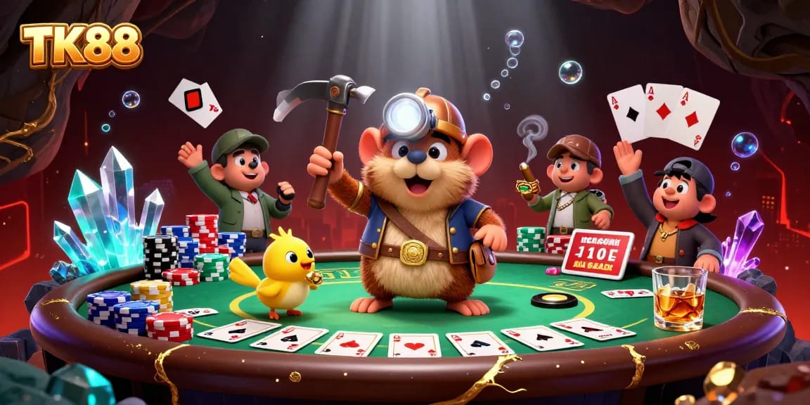 TK88 showcases a vibrant 3D scene with a treasure hunter mole and poker elements amidst golden gems.