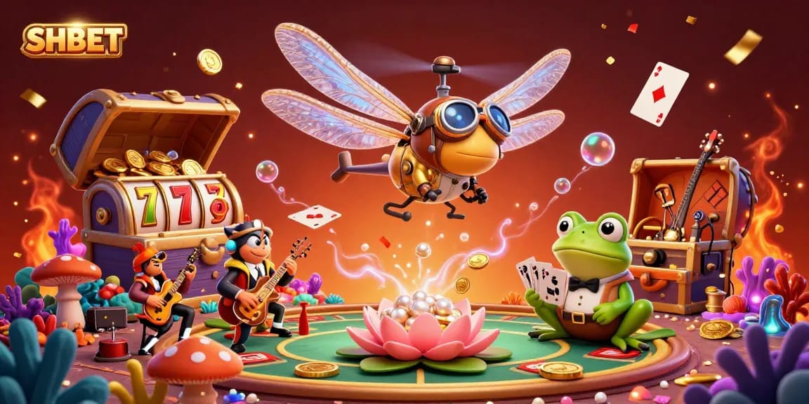 Experience SHBET excitement with a vibrant 3D illustration of a lively casino scene featuring animated characters and engaging game elements.