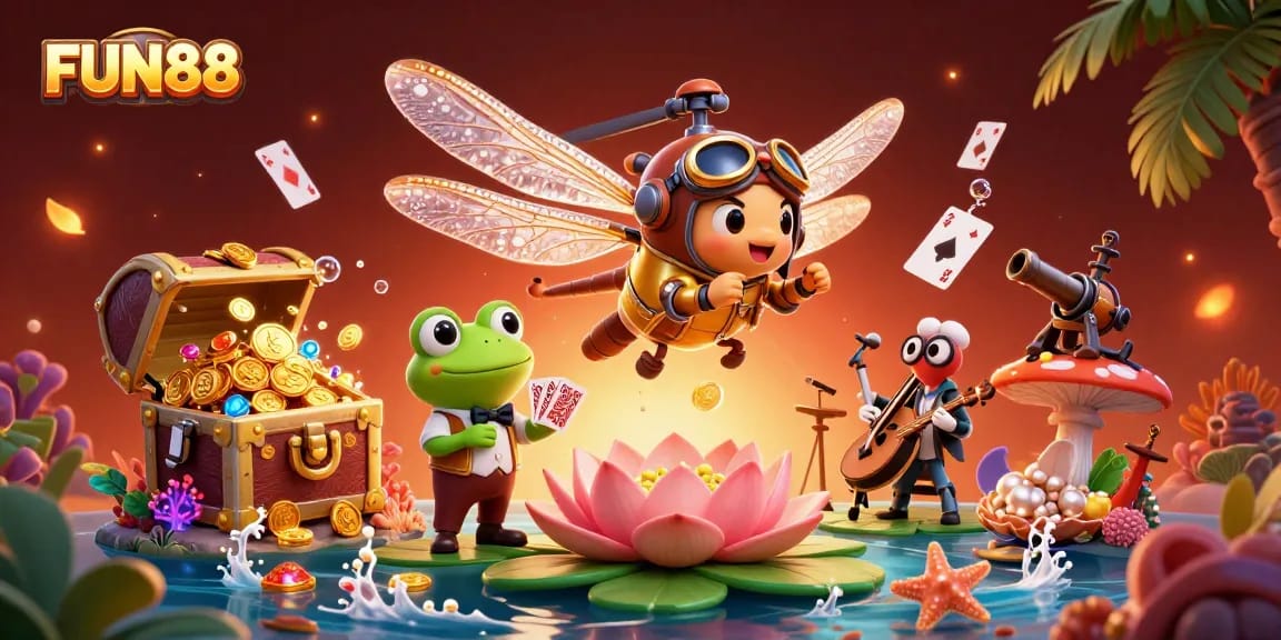 Experience thrilling gambling at FUN88 with a dynamic scene featuring vibrant casino elements and characters.