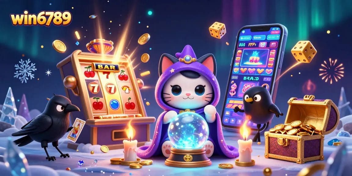 Win6789 offers thrilling slot gameplay with fortune-teller characters in a vibrant casino illustration.