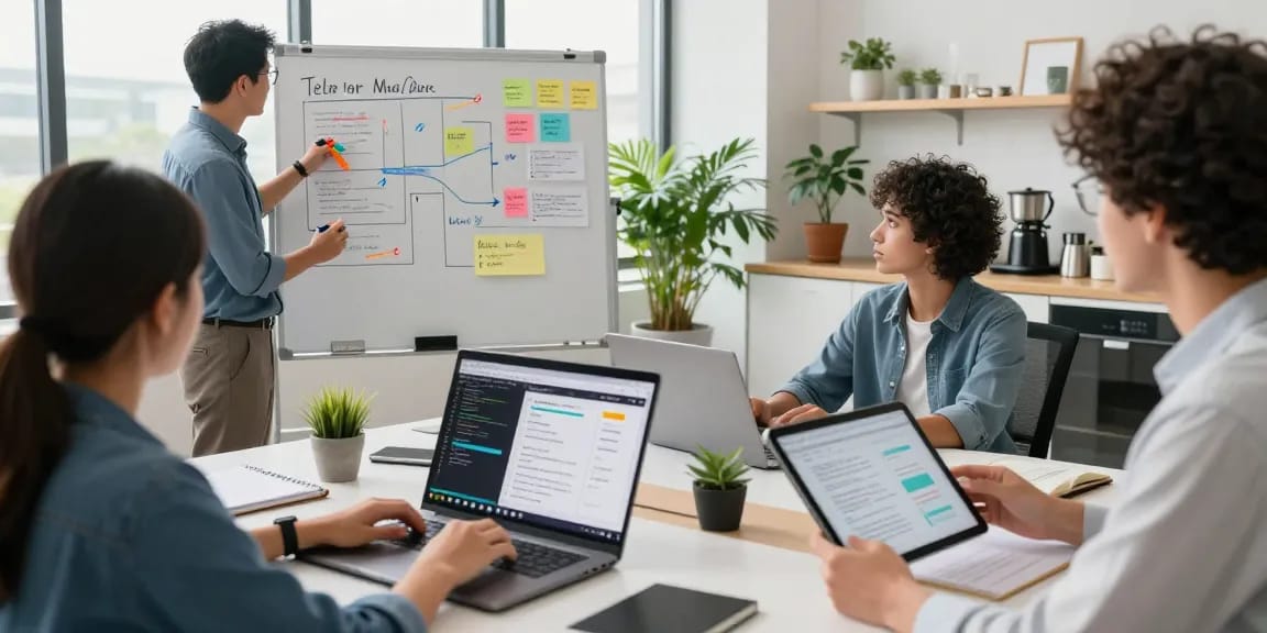 Building internal tools with AI in a collaborative workspace with diverse professionals and digital tools.