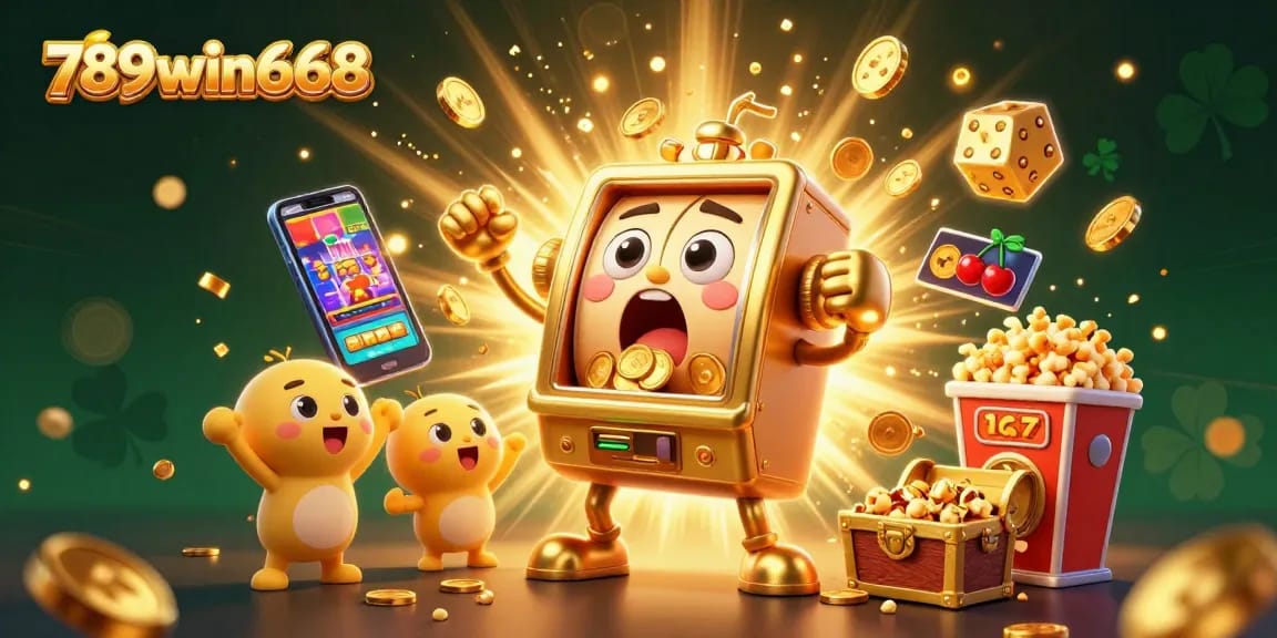Experience the excitement of 789win668 as a golden slot machine scores a jackpot, surrounded by cheering companions.
