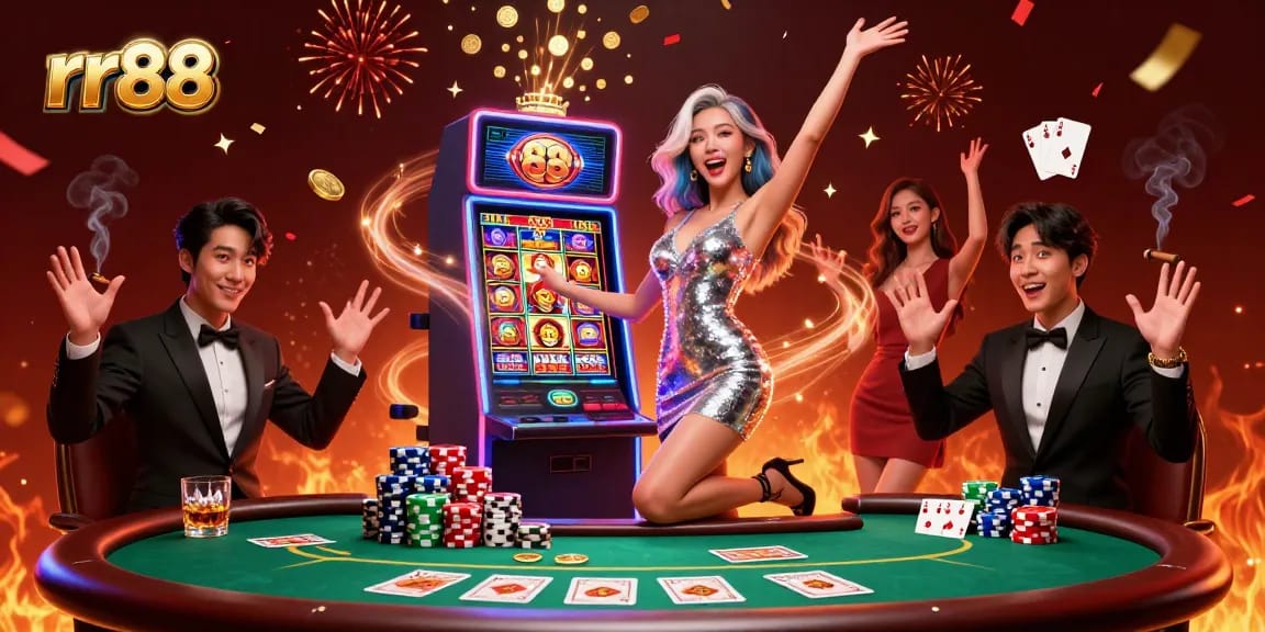 Play and win at rr88 with vibrant slot machine jackpot celebration.
