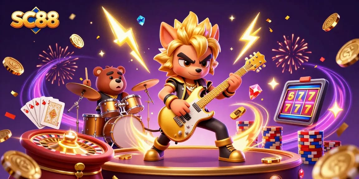 Experience SC88 with a thrilling 3D scene featuring a rock star wolf amidst casino action.