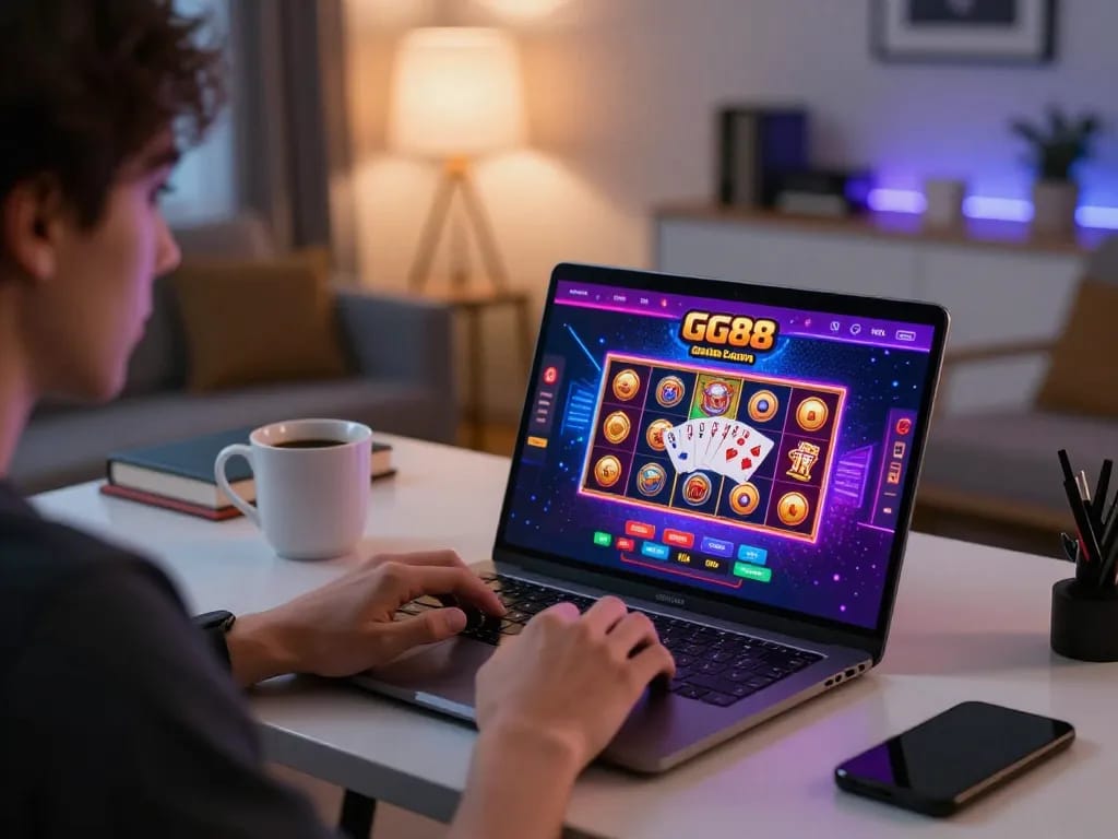 Engaging in online gaming at GG88 casino with vibrant graphics on laptop screen