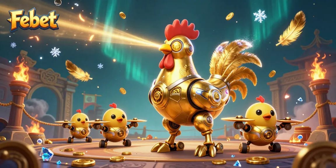 Engage in thrilling games with Febet's spectacular golden rooster robot and baby chick drones in a vibrant casino scene.