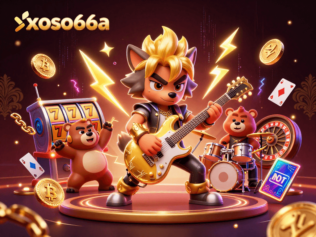 Experience the thrill of the game with xoso66a as the rock star wolf dazzles on stage in a vibrant casino atmosphere.