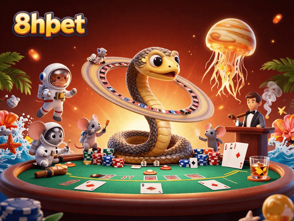 Experience vibrant gambling action with 8xbet as astronauts bet on Saturn's rings in a cosmic casino.