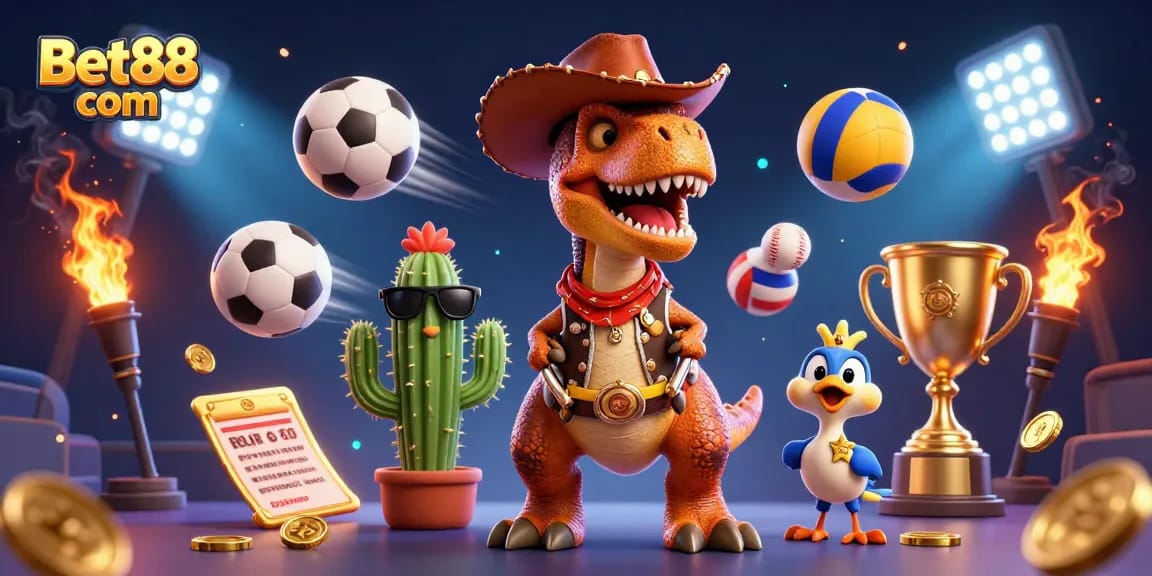 Experience the excitement of sports betting at Bet88 com with dynamic characters and elements in an engaging 3D illustration.