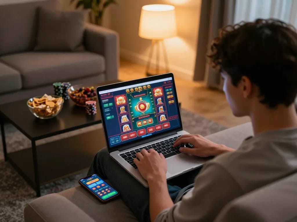 Engaging in online gambling at home with O8 casino on the laptop, showcasing a vibrant gaming experience.