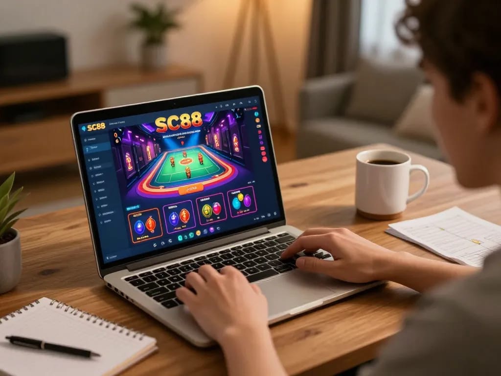 Playing SC88 online casino games on a laptop, showcasing vibrant gaming interface and cozy home setup.