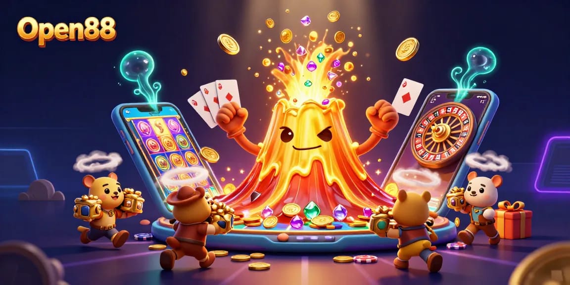 Experience exhilarating gameplay at Open88 with a golden volcano erupting treasure and vibrant casino elements.