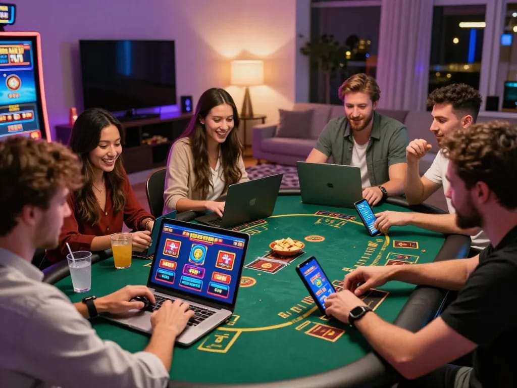 Group of friends enjoying online gambling games at MM88 in a lively home setting.