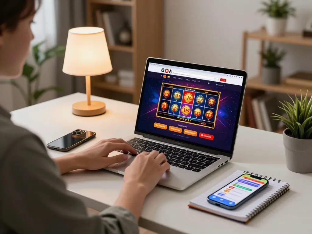 Person engaging with online casino gaming on laptop at home, showcasing llwin betting strategies and colorful game interface.