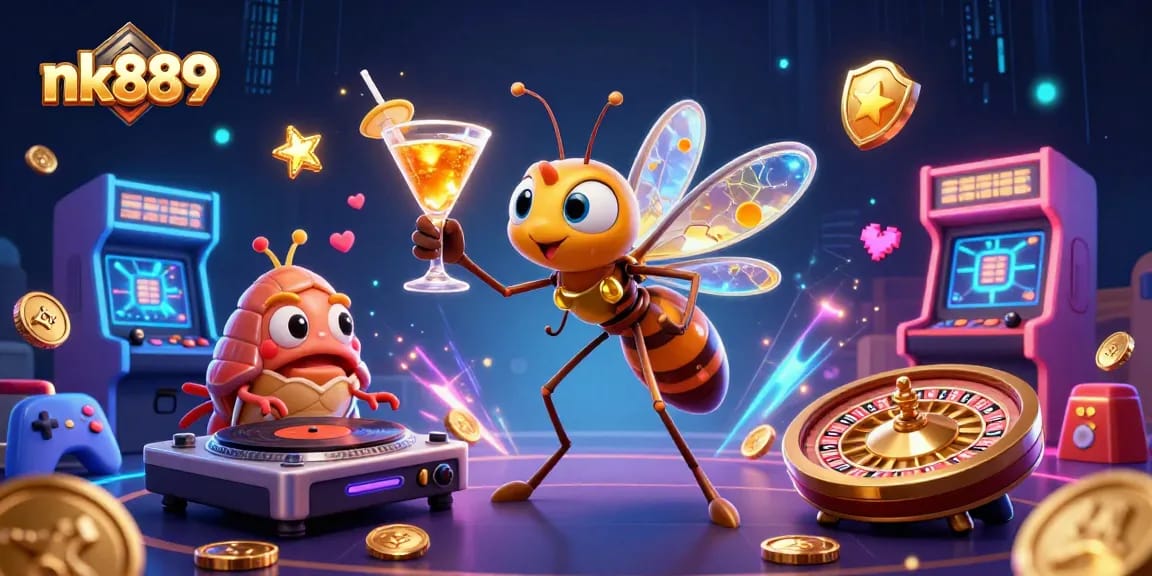 Engage in thrilling action with nk889 at this vibrant casino scene filled with unique characters and game elements