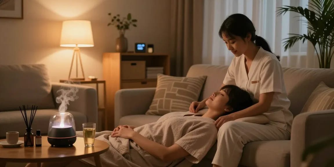 Enjoying a luxurious 출장안마 session at home, with a professional therapist in a cozy environment.