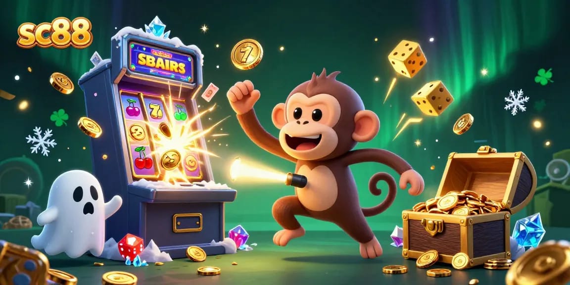 Experience thrilling jackpots at sc88 with a mischievous poltergeist monkey in a vibrant casino.