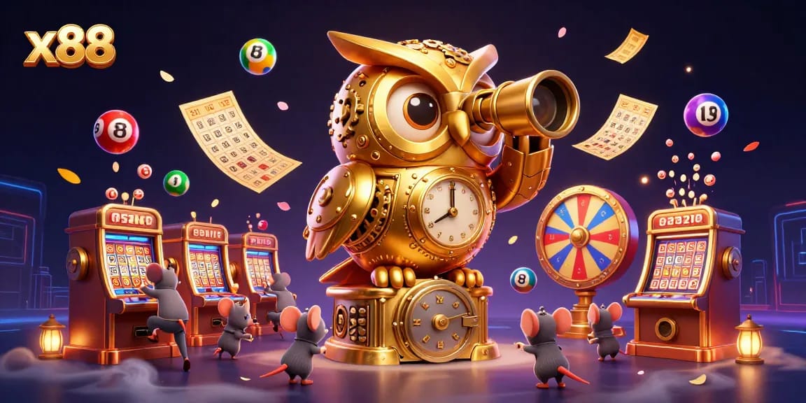 Experience excitement at x88 with vibrant lottery balls, golden tickets, and a futuristic casino atmosphere.