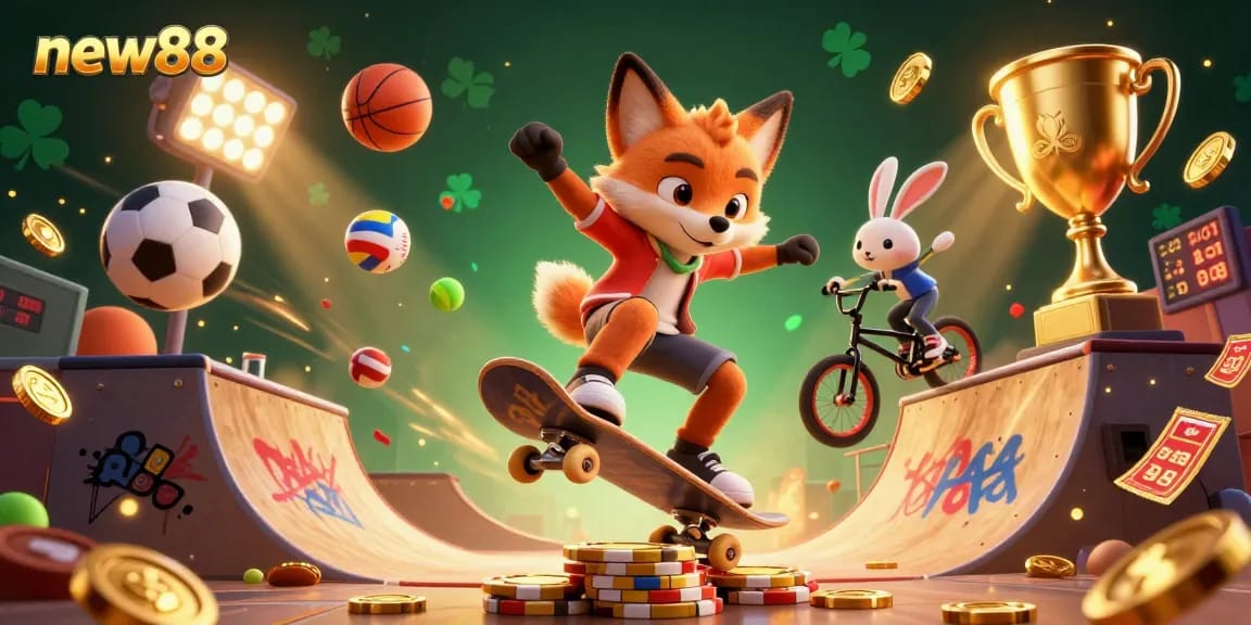 Experience exciting gaming at new88 with a vibrant illustration of a skateboarder fox and BMX rabbit in a casino-themed backdrop.