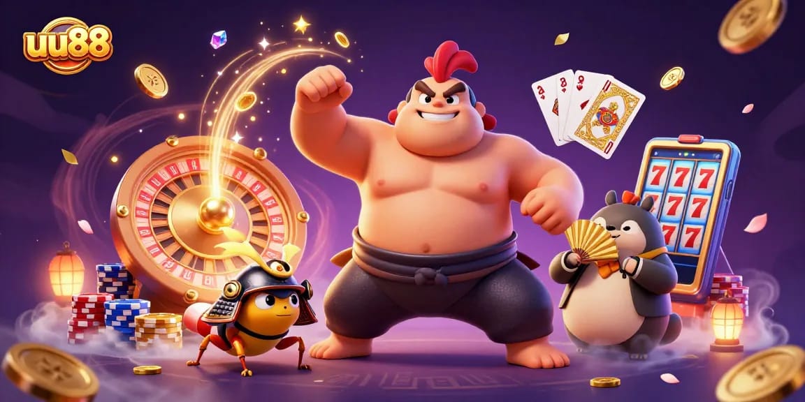 Experience the thrilling world of uu88 with an action-packed casino scene full of vibrant characters and gambling elements.