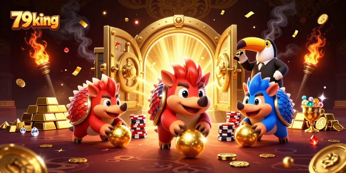 Experience the thrill of 79king with rival pangolins amidst treasures and poker chips.