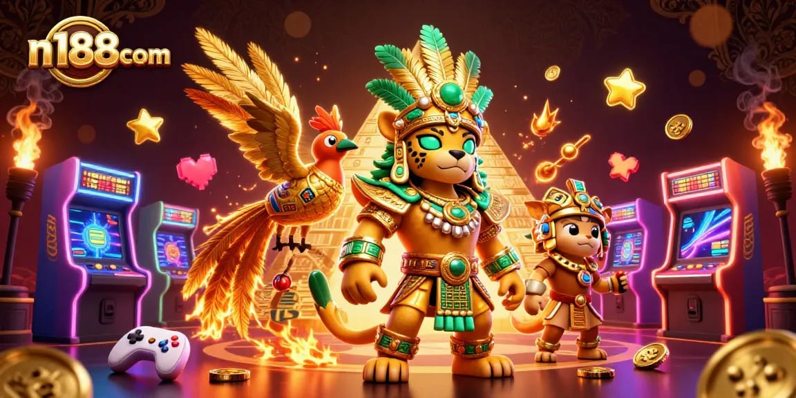 Experience the excitement at n188com with a lively casino-themed illustration showcasing vibrant game elements and characters.