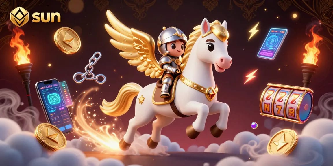 Experience thrilling gaming adventures with sun, featuring a celestial horse and crypto elements.