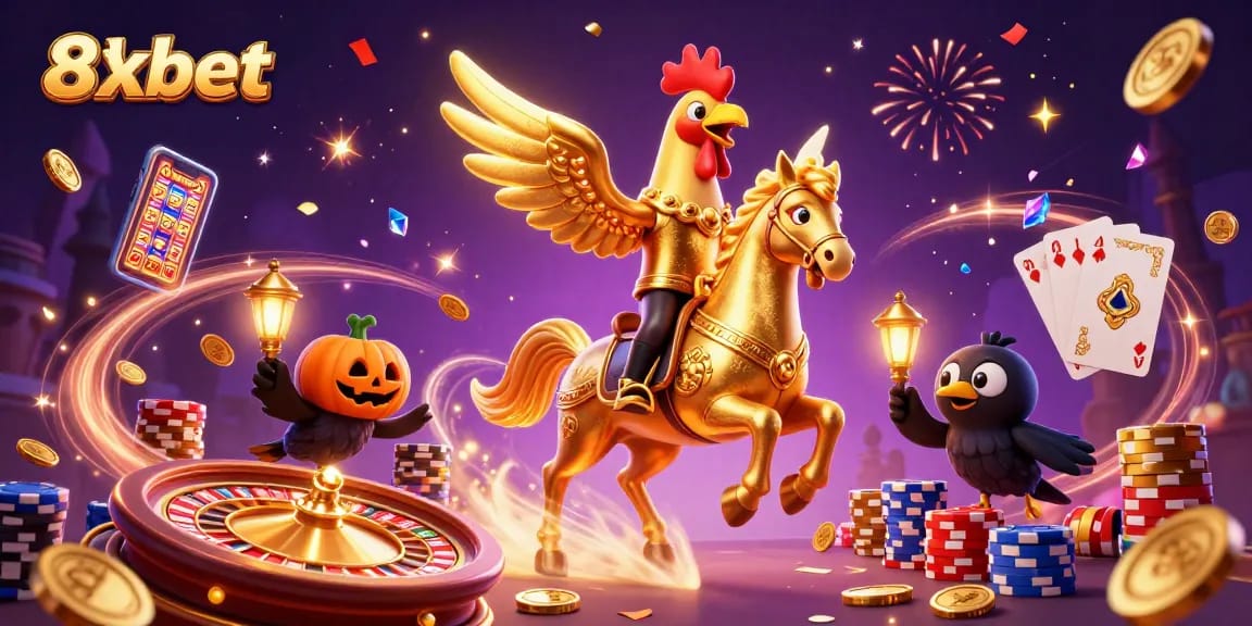 Experience thrilling gaming action with 8xbet's golden rooster avatar in a vibrant casino scene.
