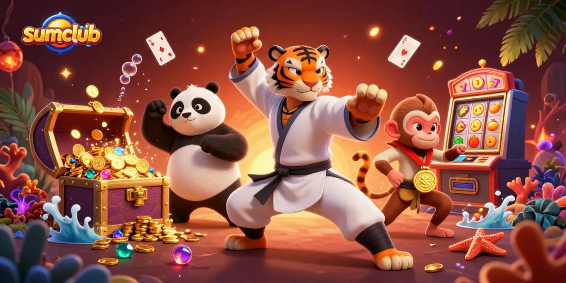 Engage with sumclub's dynamic gaming world featuring a kung fu tiger and friends in a vibrant casino scene.