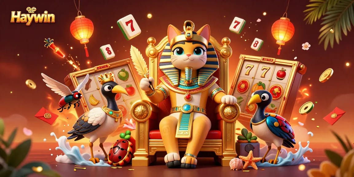 Haywin offers an exciting slots experience featuring a pharaoh cat and vibrant casino elements.