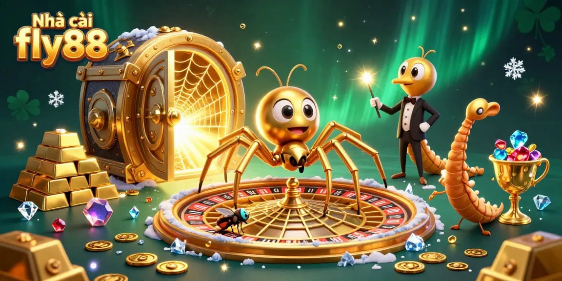 Nhà cái fly88 offers a thrilling gambling scene with a fly nervously betting at a roulette wheel.