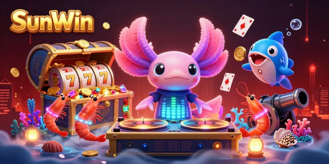 Join the SunWin casino vibe with the neon axolotl DJ spinning winning slots amid dancing shrimp and treasure.