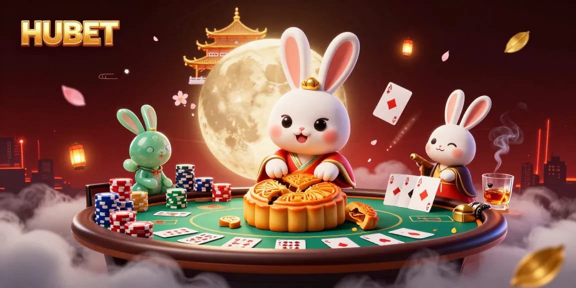 HUBET offers exciting gameplay with a vibrant 3D scene featuring poker and lunar elements.