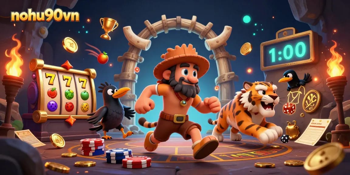 Nostalgic casino fun awaits as nohu90vn players enjoy thrilling jackpots in a vibrant prehistoric scene.