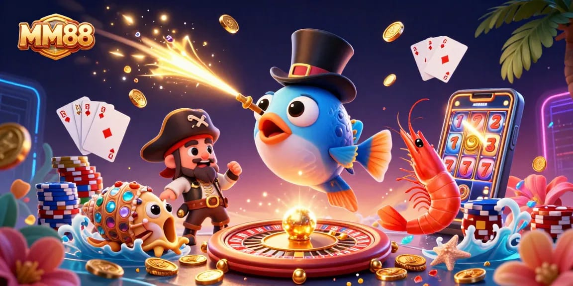 Win big with MM88 at a vibrant 3D casino featuring engaging characters and gaming elements.