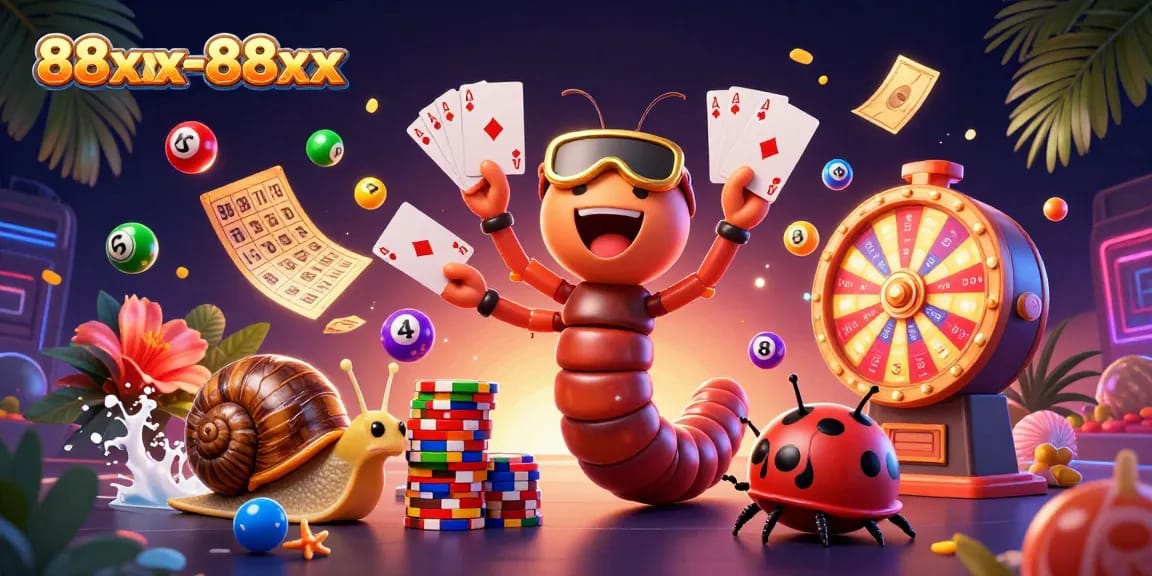 Experience the excitement at 88xx-88xx with a dynamic lottery scene featuring vibrant elements and charming characters.
