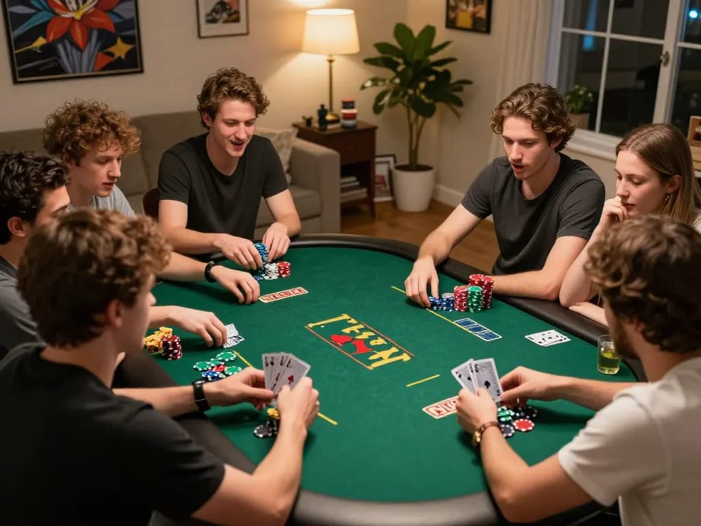 Friends enjoy an exciting poker night at home while discussing NK88 strategies and gameplay.