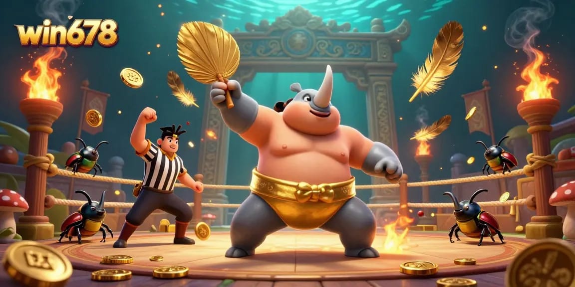 Win678 offers an exciting casino experience with gold coins flying in a vibrant 3D arena.