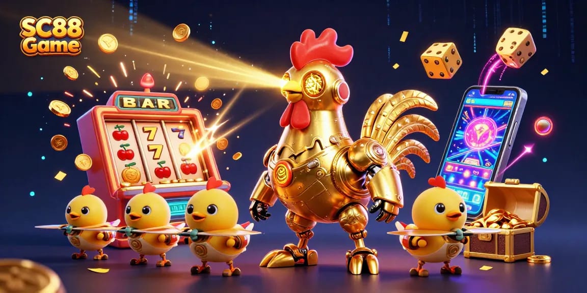 Engage with SC88 Game featuring a golden rooster robot and baby chick drones in a vibrant casino scene.