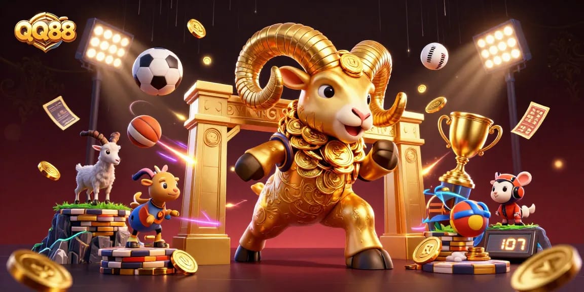 Bet on QQ88 with golden ram charging through a lavish casino scene filled with sports elements.