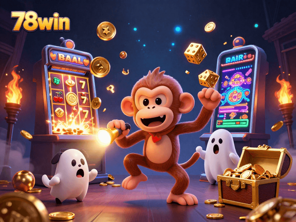 Experience thrilling gameplay with 78win's casino world, featuring a playful poltergeist juggling golden tokens.