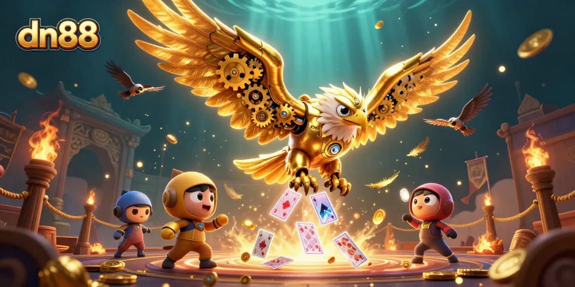Win big at dn88, featuring a dynamic scene with a golden eagle and holographic cards in an underwater casino.