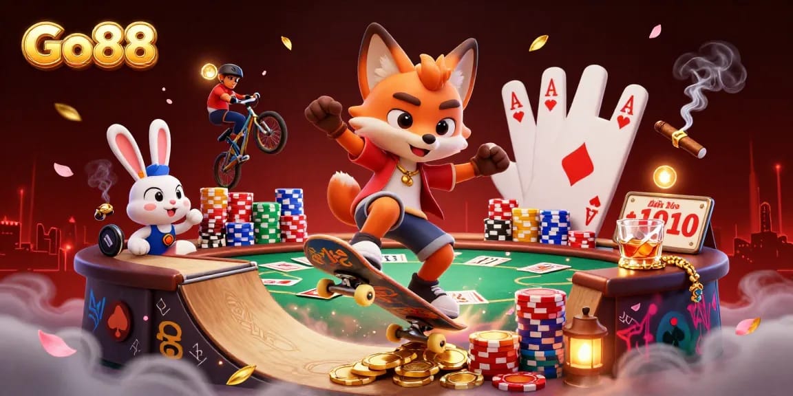 Join the fun at Go88, featuring vibrant casino elements and exciting characters in an illustrated action scene.