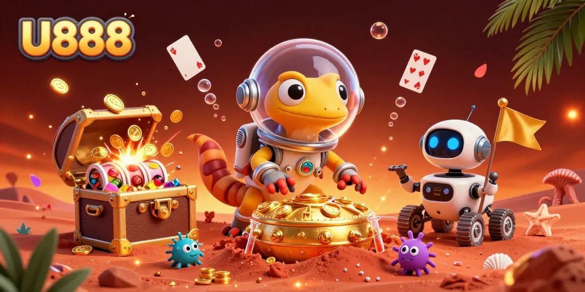Experience thrilling wins at U888's golden casino with our joyful Martian gecko and friends.