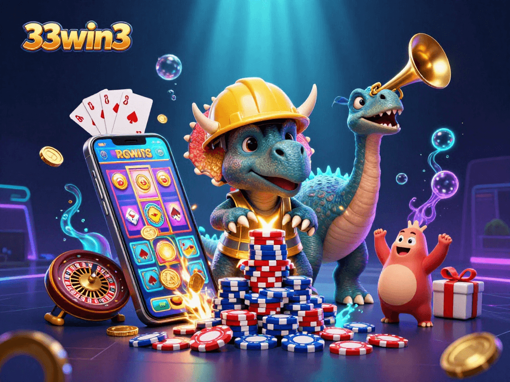 33win3 showcases a lively casino scene with animated dinosaurs celebrating big wins and exciting gameplay elements.
