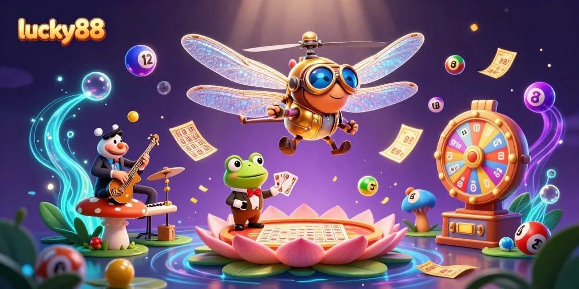 Experience lucky88 slots magic with this dynamic 3D casino scene featuring vibrant game elements and lively characters.